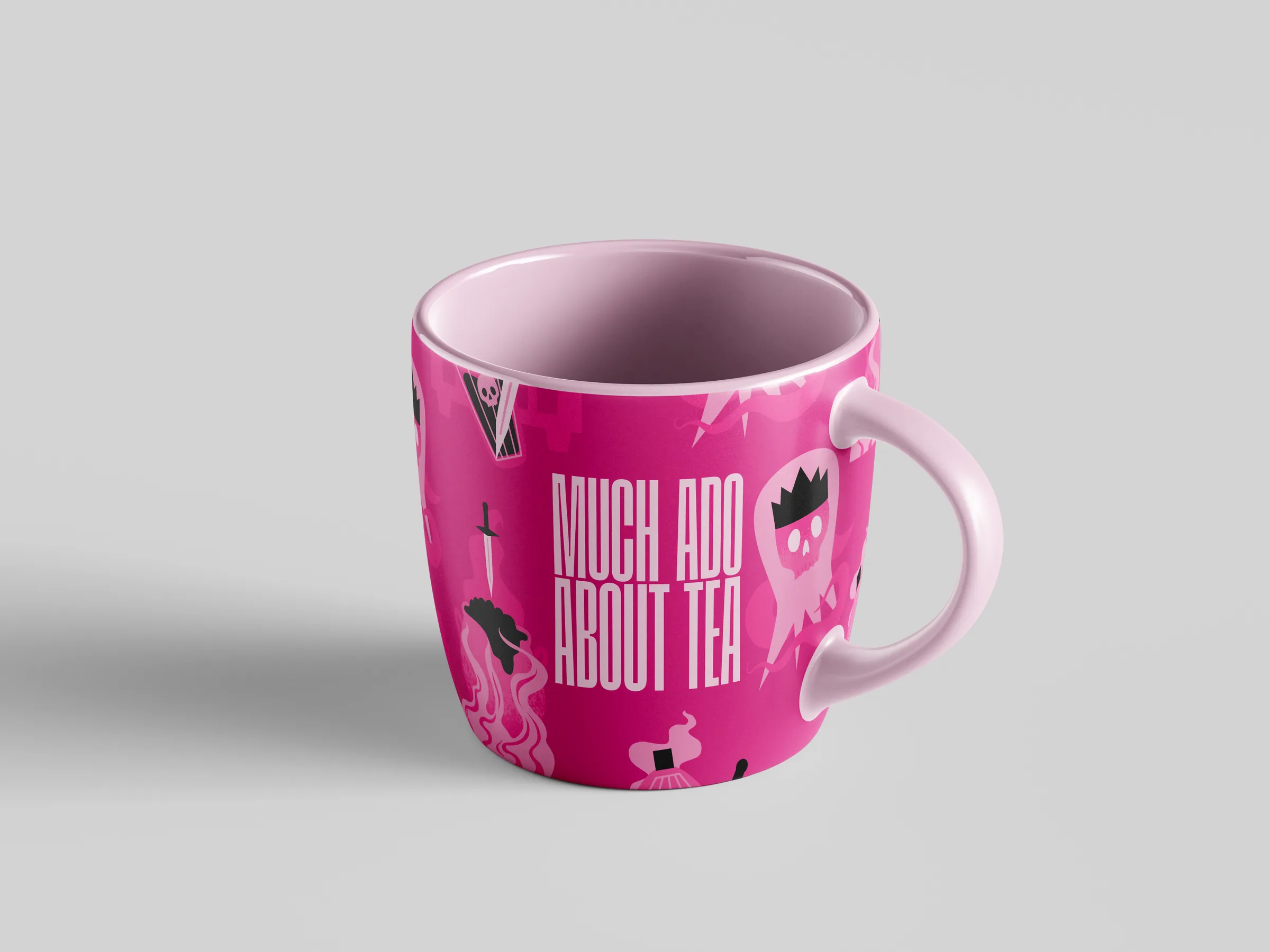 Pink mug printed with ‘Much ado about tea’