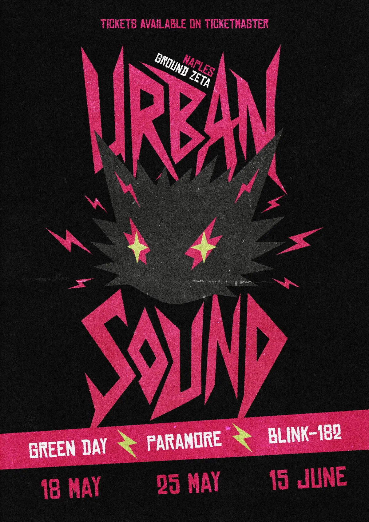 Urban Sound poster on black: pink lettering, the cat and the line-up