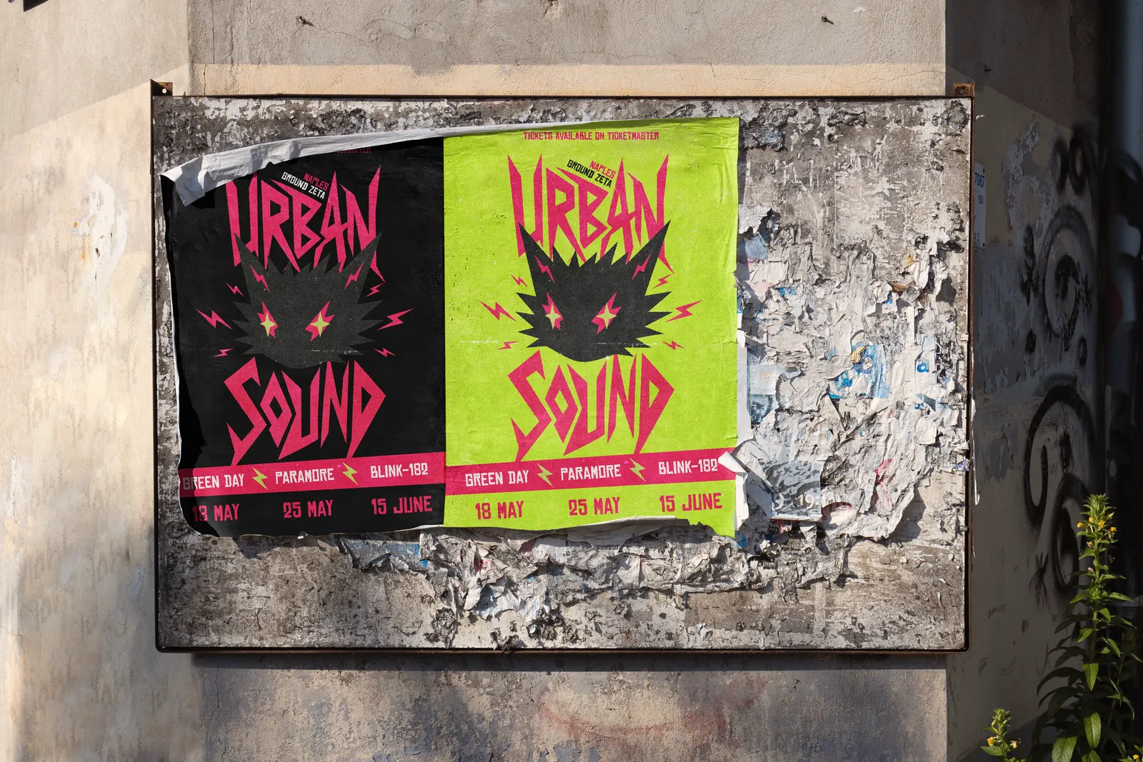 Green and black posters pasted side by side on a peeling wall